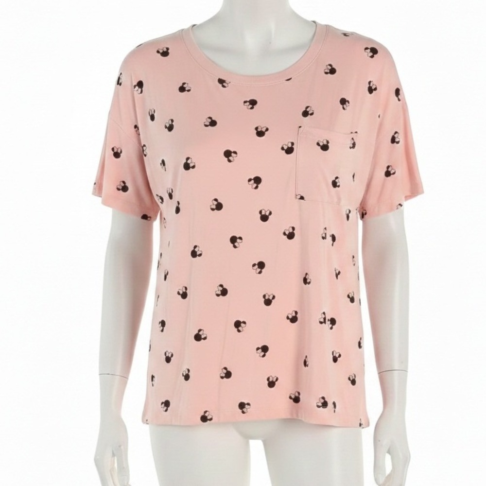 Disney Minnie Mouse Pink Black Tee Small Soft Stretch Short Sleeve‎ Pocket Top